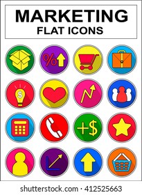 Shopping icons set (flat design with long shadows). Trendy outline colorful marketing, sales and e-commerce. Vector illustration