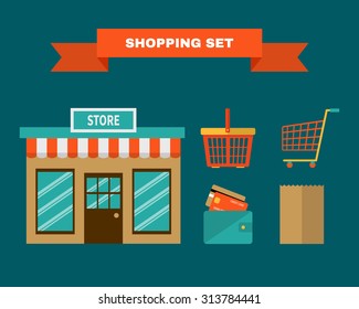 Shopping icons set in flat style. Store, shopping cart, trolley, wallet and package. 