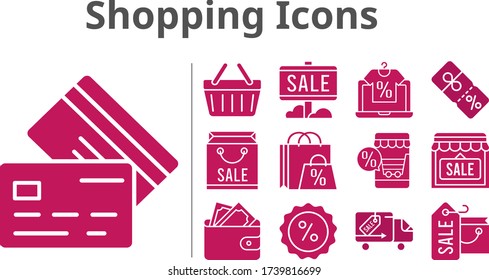 shopping icons set. included shopping bag, online shop, sale, shop, wallet, discount, shopping-basket, delivery truck, credit card icons. filled styles.