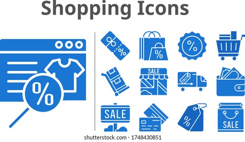 shopping icons set. included shopping bag, online shop, sale, shop, wallet, price tag, shopping cart, discount, credit card, delivery truck, trolley icons. filled styles.