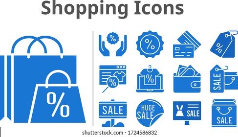 shopping icons set. included online shop, shopping bag, sale, wallet, price tag, discount, credit card icons. filled styles.
