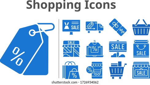 shopping icons set. included online shop, shopping bag, sale, shop, price tag, shopping cart, discount, shopping-basket, delivery truck icons. filled styles.