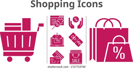 shopping icons set. included online shop, shopping bag, shopping cart, discount, credit card icons. filled styles.