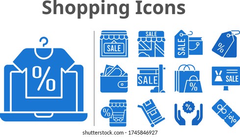 shopping icons set. included online shop, shopping bag, sale, shop, wallet, price tag, discount, trolley icons. filled styles.