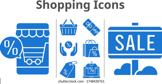 shopping icons set. included online shop, shopping bag, sale, price tag, discount, shopping-basket icons. filled styles.