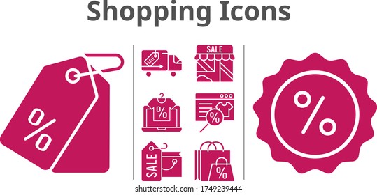 shopping icons set. included online shop, shopping bag, shop, price tag, discount, delivery truck icons. filled styles.