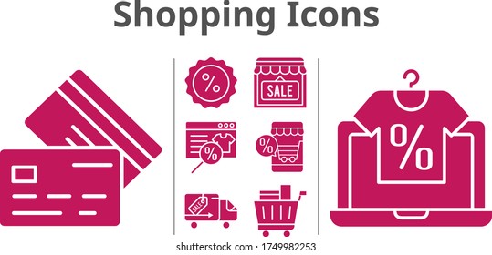 shopping icons set. included online shop, shop, shopping cart, discount, credit card, delivery truck icons. filled styles.