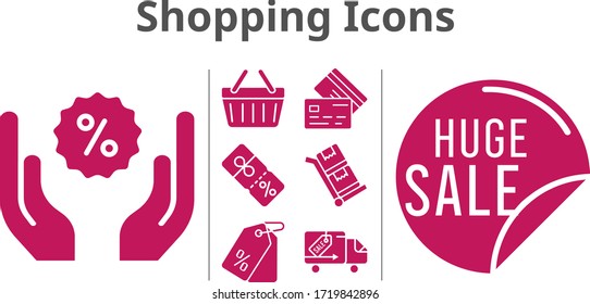 shopping icons set. included sale, price tag, discount, shopping-basket, credit card, delivery truck, trolley icons. filled styles.