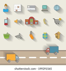 Shopping icons set. Internet shopping concept, flat design style with long shadows