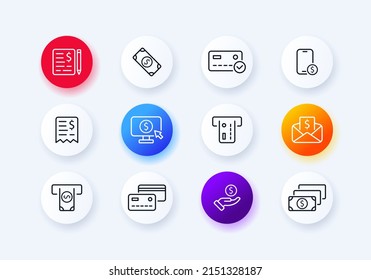 Shopping icons set. Leave a check. Help with money. Withdraw money from an ATM. Purchase via phone. Neomorphism style. Vector eps 10.