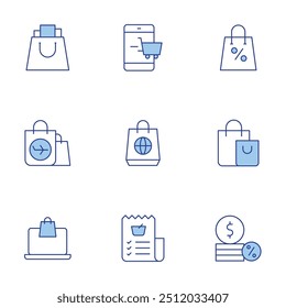 Shopping icons set. Line Duotone style, editable stroke. online payment, bag, bags, online shopping, list, coins, duty free.