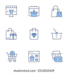 Shopping icons set. Line Duotone style, editable stroke. basket, cart, bag, online shopping.
