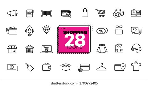 Shopping icons set. Line, flat, vector icons for mobile applications, buttons and website design. Illustration isolated on white background. Collection modern logo, app, infographic with EPS 10 format