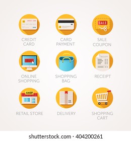 shopping icons set. Modern flat colored illustrations. Online commerce and retail business related icons. Vector collection with long shadow in stylish colors.