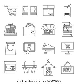 Shopping icons set in outline style. Supermarket, elements set collection vector illustration