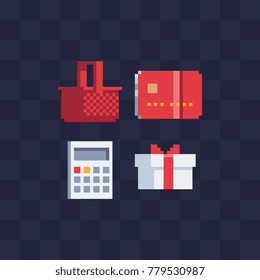 Shopping icons set. Pixel art style. Red shopping basket, credit card, calculator and gift box. 8-bit. Design of mobile apps. Isolated vector illustration.
