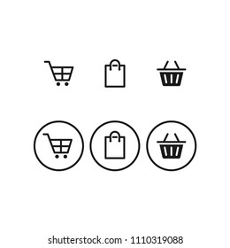 Shopping icons set. Simple flat design, shopping cart, bag and basket. Isolate on white background.