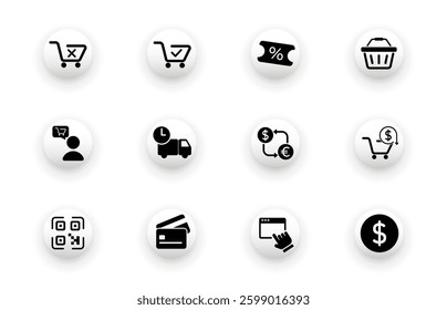 Shopping icons. Set of solid vector icons for shopping cart, ecommerce, delivery time, payment.