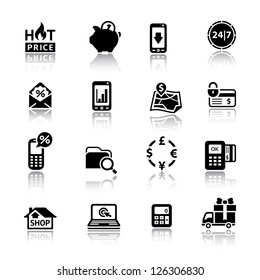 Shopping Icons. Set symbols black with reflection. Vector web design elements