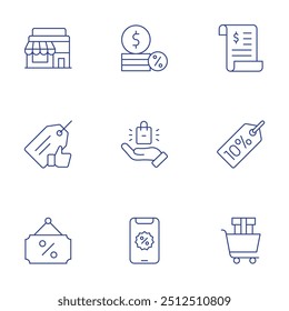 Shopping icons set. Thin Line style, editable stroke. shop, coins, invoice, best price, product, percent, sign, sales.