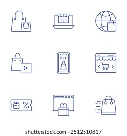 Shopping icons set. Thin Line style, editable stroke. online shop, globe, online , bag, voucher.