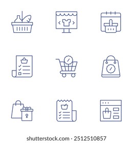 Shopping icons set. Thin Line style, editable stroke. basket, online , cart, list, bag.