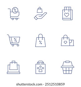 Ícones de compras definidos. Estilo Thin Line, traço editável. cesta, carrinho, online.