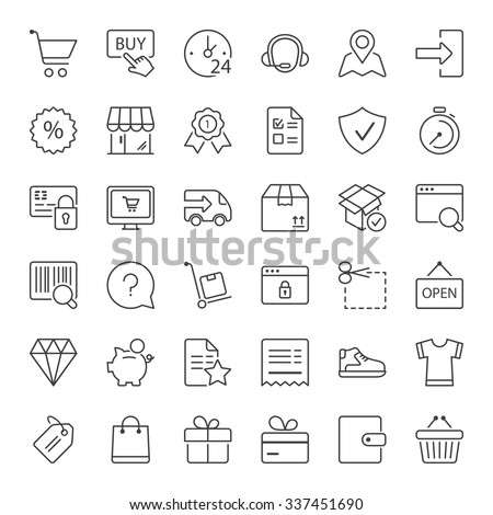 shopping icons set, thin line, black color
