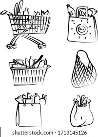 Shopping-Icons Set. Vektorsymbole. Bags und Körbe Vektorillustration Illustrationssatz. Vektorillustration Körbe mit Lebensmittelprodukten.