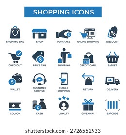 Shopping Icons Set Vector Ecommerce Cart Checkout Discount Payment Delivery Symbols. Perfect for ecommerce websites, retail apps, UI UX interfaces, infographics, and marketing campaigns.