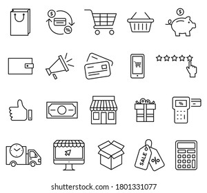 Juego de iconos de compras. Conjunto de ilustraciones de contorno aislado de vectores