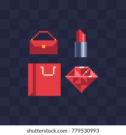 Shopping icons set. Women's red lipstick, paper bag and precious stone ruby. Jewelery store logo. Fashionable clutch. Women's accessories. Design of mobile apps. Isolated pixel art vector illustration