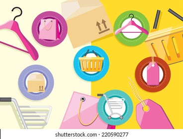 Shopping icons store elements bag tag hanger trolley lable on stylish background flat design cartoon style