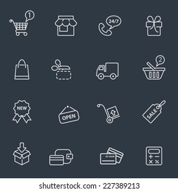 Shopping icons, thin line design, dark background