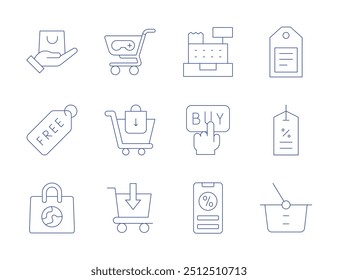 Shopping icons. Thin Line style, editable stroke. tag, cash machine, buy, smartphone, sales.