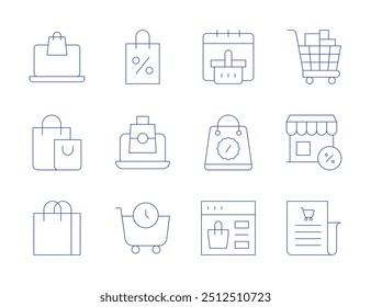 Ícones de compras. Estilo Linha fina, curso editável. lista, pagamento online, saco, carrinho, online, loja.