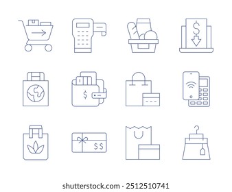 Shopping icons. Thin Line style, editable stroke. cart, basket, bag, Frame, labeling, low price, wallet, payment, gift card, skirt.