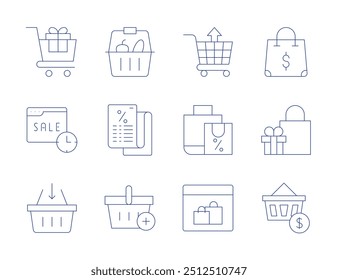 Shopping icons. Thin Line style, editable stroke. basket, receipt, bag, trolley, cart, online, online discount.
