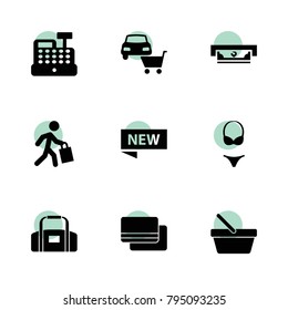 Shopping icons. vector collection filled shopping icons set.. includes symbols such as atm, car shop, credit card, new, cashbox, sport bag. use for web, mobile and ui design.