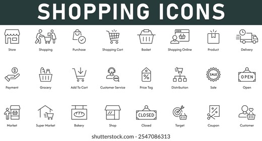 Shopping Icons vector illustration with thin line editable stroke containing store purchase basket product online shopping delivery payment grocery add to cart customer service price tag