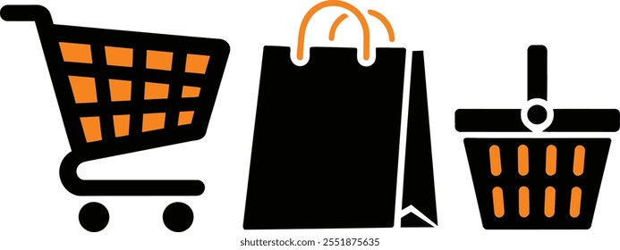 Conjunto de Vectores de iconos de compras, diseño de Vector de ilustración de estilo de contorno de Carrito de compras de la carretilla. Ilustración vectorial de la silueta de iconos esenciales
