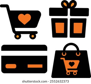 Conjunto de iconos de compras, Vector de la carretilla del Carrito de compras, diseño del Vector de la ilustración del estilo del contorno. Vector de la silueta, iconos esenciales