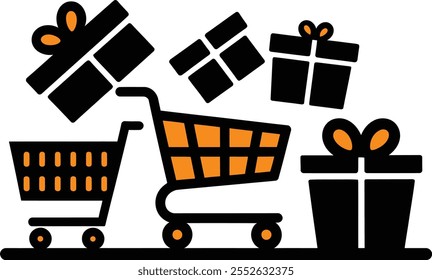 Conjunto de iconos de compras, Vector de la carretilla del Carrito de compras, diseño del Vector de la ilustración del estilo del contorno. Vector de la silueta, iconos esenciales