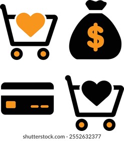 Conjunto de iconos de compras, Vector de la carretilla del Carrito de compras, diseño del Vector de la ilustración del estilo del contorno. Vector de la silueta, iconos esenciales