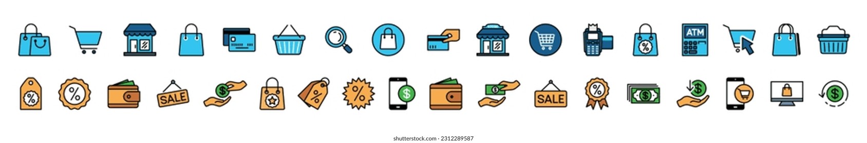 Shopping icons vector set. E-commerce, Online shop icon collection. Cart, store, bag, basket, search, payment,  discount, money, hanger, scan and more icon for apps and websites, symbol illustration	