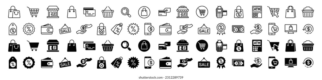 Shopping icons vector set. E-commerce, Online shop icon collection. Cart, store, bag, basket, search, payment,  discount, money, hanger, scan and more icon for apps and websites, symbol illustration	