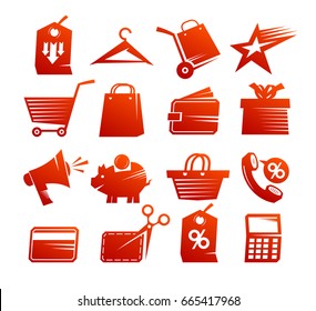 Shopping icons vector set, red sale symbols collection vintage style