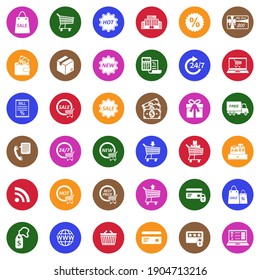 Shopping Icons. White Flat Collection In Circle. Vector Illustration.