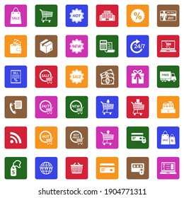 Shopping Icons. White Flat Collection In Square. Vector Illustration.