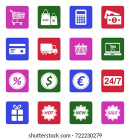 Shopping Icons. White Flat Design In Square Vector Illustration. 